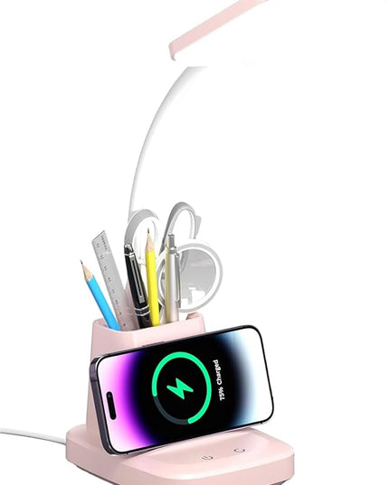 Desk Lamps for Home Office, LED Desk Lamp with Wireless Charger Pencil Holder, 3 Color Modes Dimming Desk Light for College Dorm Room, Girls Study Lamp with CRI 90+ 800 Lumen - Pink - LeafyLoom