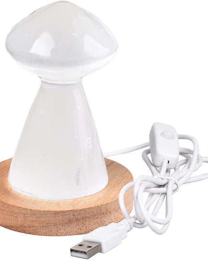 JIC Gem USB Selenite Lamp White Mushroom Small Selenite Crystal Lamp 3.1 Inch with Wooden Light Stand Base - LeafyLoom