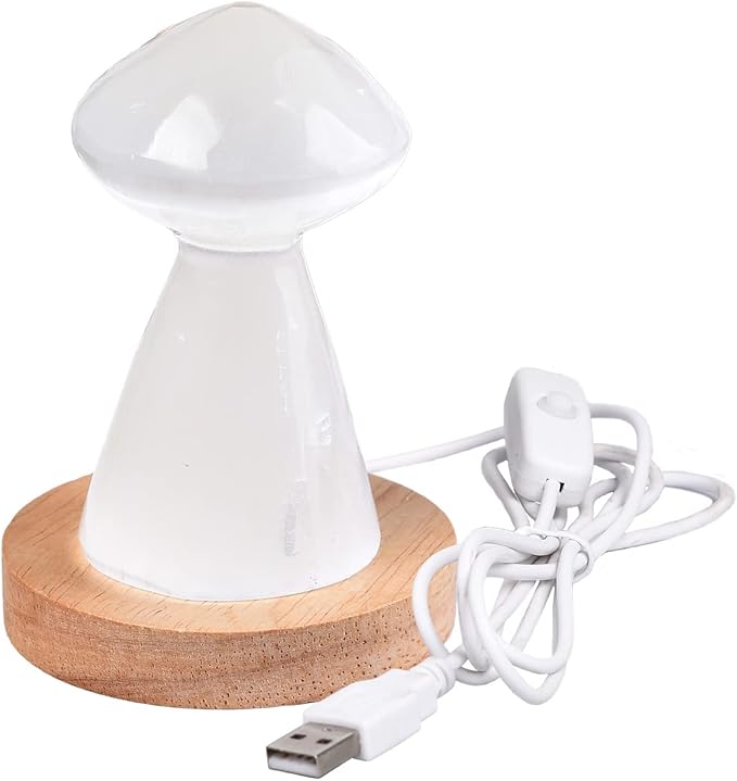 JIC Gem USB Selenite Lamp White Mushroom Small Selenite Crystal Lamp 3.1 Inch with Wooden Light Stand Base - LeafyLoom