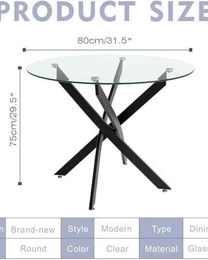 Round Dining Table for 2-4, 31.5 Inch Tempered Glass Small Circle Kitchen Table with Metal Black Legs, Modern Dining Room Table for Kitchen Dining Room (Black) - LeafyLoom