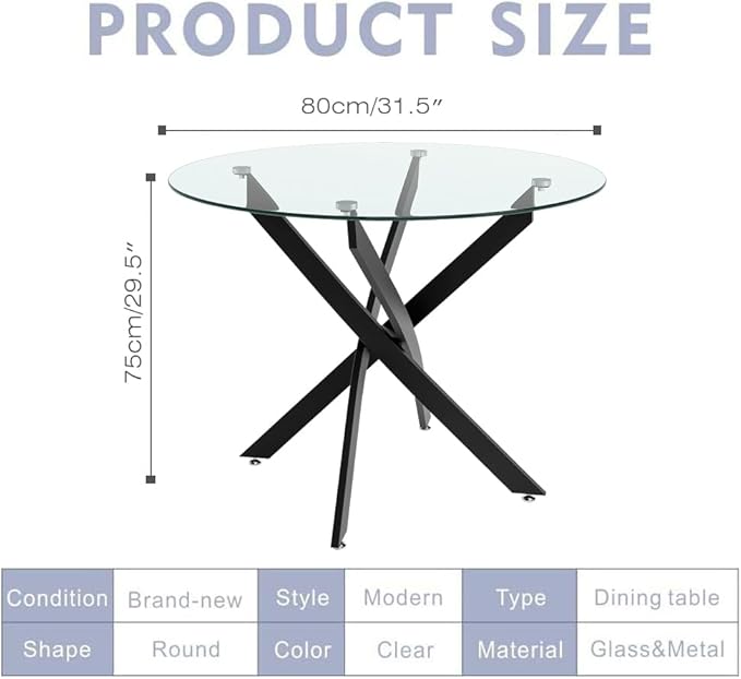 Round Dining Table for 2-4, 31.5 Inch Tempered Glass Small Circle Kitchen Table with Metal Black Legs, Modern Dining Room Table for Kitchen Dining Room (Black) - LeafyLoom