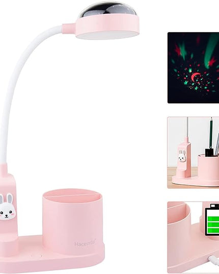 Cute Kids Desk Lamp 2000mAh Rechargeable Kawaii Desk Lamp with Star Projection/Pen Holder, Aesthetic Kids Bedside Lamp with Flexible Gooseneck/ 3 Level Brightness/Eye-Caring for Reading, Pink - LeafyLoom