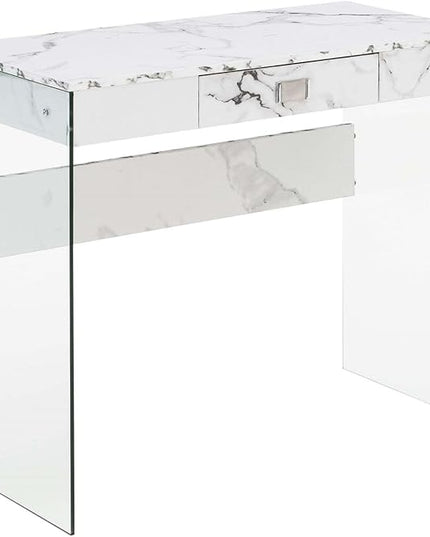 Convenience Concepts SoHo 1 Drawer Glass 36 inch Desk, White Faux Marble/Glass - LeafyLoom