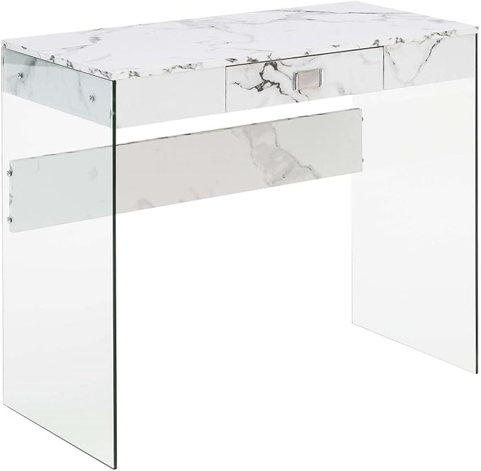 Convenience Concepts SoHo 1 Drawer Glass 36 inch Desk, White Faux Marble/Glass - LeafyLoom