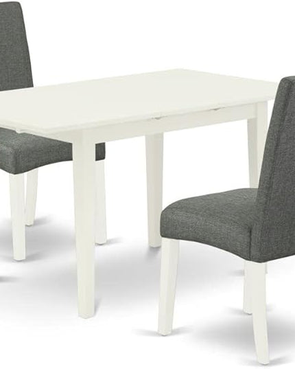 East West Furniture Norfolk 3 Piece Kitchen Set Contains a Rectangle Dining Room Table with Butterfly Leaf and 2 Gray Fabric Parsons Chairs, 32x54 Inch, Linen White - LeafyLoom