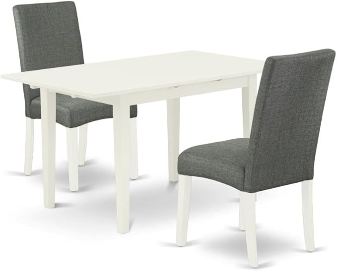 East West Furniture Norfolk 3 Piece Kitchen Set Contains a Rectangle Dining Room Table with Butterfly Leaf and 2 Gray Fabric Parsons Chairs, 32x54 Inch, Linen White - LeafyLoom