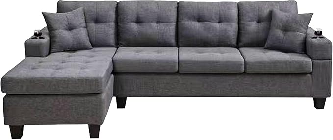 L-Shape Sectional, with 2 Throw Pillows, Side Pocket and Cupholders, Convertible Corner Sofa w/Armrest, Left Chaise Longue, for Living Room & Apartment, 96Inch, Gray - LeafyLoom