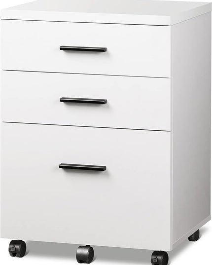 DEVAISE 3 Drawer File Cabinet for Home Office, Wood Under Desk Filing Cabinet, Rolling Printer Stand with Wheels, White - LeafyLoom