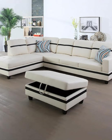 L Shaped Sofa with Ottoman Modern Sectional Living Room, Bedroom, Office, L Couch White-Black - LeafyLoom