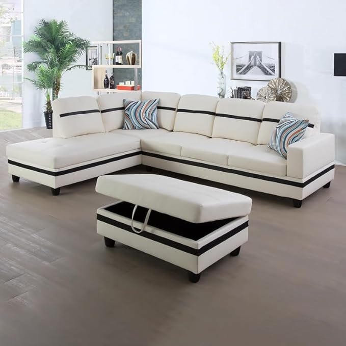 L Shaped Sofa with Ottoman Modern Sectional Living Room, Bedroom, Office, L Couch White-Black - LeafyLoom