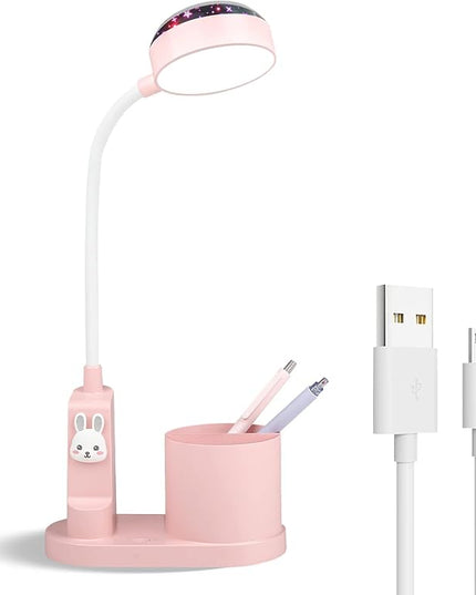 Pink Kids Desk Lamp with Pen holder, Rabbit cute LED Desk/Table Lamp with Dimmable Natrue Light, USB rechargeable and Funny projector, Small Bedside lamp, LED lamp for girls Bedrooms - LeafyLoom