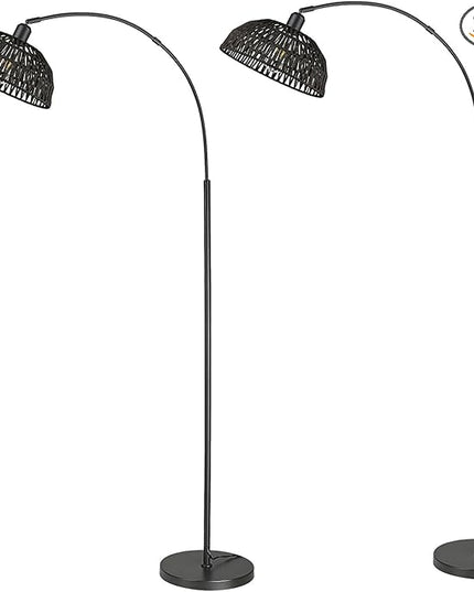 Rattan Floor Lamp, Retro Boho Arc Standing Lamp with Remote Dimmable Farmhouse Bamboo Lamp Shade Floor Light Industrial Tall Lamp with 9W LED Bulb (Black, 2 PACK) - LeafyLoom