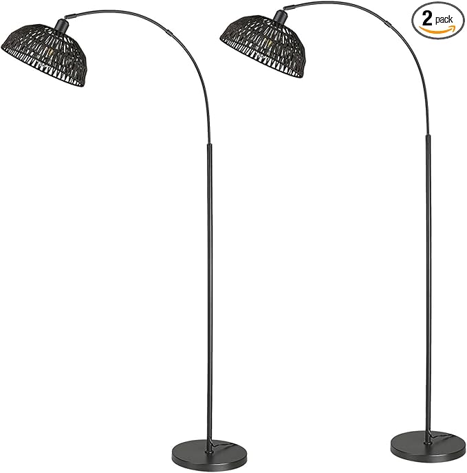 Rattan Floor Lamp, Retro Boho Arc Standing Lamp with Remote Dimmable Farmhouse Bamboo Lamp Shade Floor Light Industrial Tall Lamp with 9W LED Bulb (Black, 2 PACK) - LeafyLoom