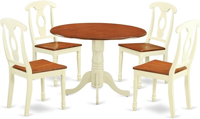 East West Furniture Dublin 5 Piece Room Furniture Set Includes a Round Kitchen Table with Dropleaf and 4 Dining Chairs, 42x42 Inch, Buttermilk & Cherry - LeafyLoom