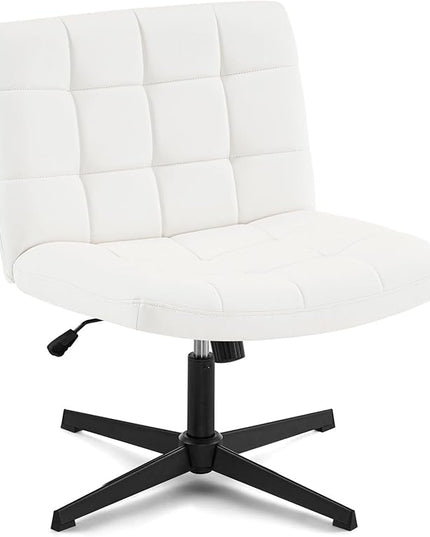Furniliving Office Desk Chair No Wheels, Criss Cross Legged Office Desk Chair Height Armless Adjustable Wide Home Chair with Mid Back PU-Padded Swivel Accent Vanity Chairs,White - LeafyLoom