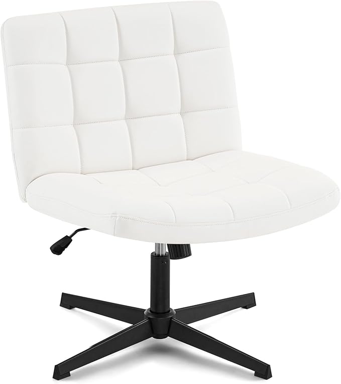 Furniliving Office Desk Chair No Wheels, Criss Cross Legged Office Desk Chair Height Armless Adjustable Wide Home Chair with Mid Back PU-Padded Swivel Accent Vanity Chairs,White - LeafyLoom