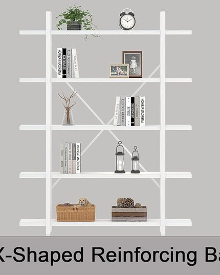 HSH 5 Tier Tall White Bookshelf, Metal and Wood Storage Book Shelves for Bedroom Living Room Office, Modern Large White Bookcases and Bookshelves 5 Shelf, Farmhouse Open Vertical Display Book Shelf - LeafyLoom