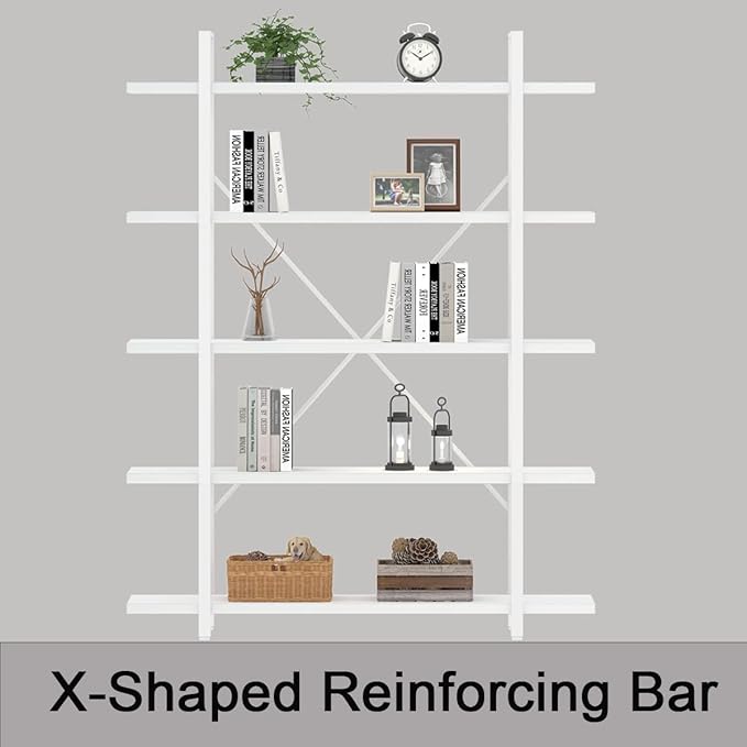 HSH 5 Tier Tall White Bookshelf, Metal and Wood Storage Book Shelves for Bedroom Living Room Office, Modern Large White Bookcases and Bookshelves 5 Shelf, Farmhouse Open Vertical Display Book Shelf - LeafyLoom