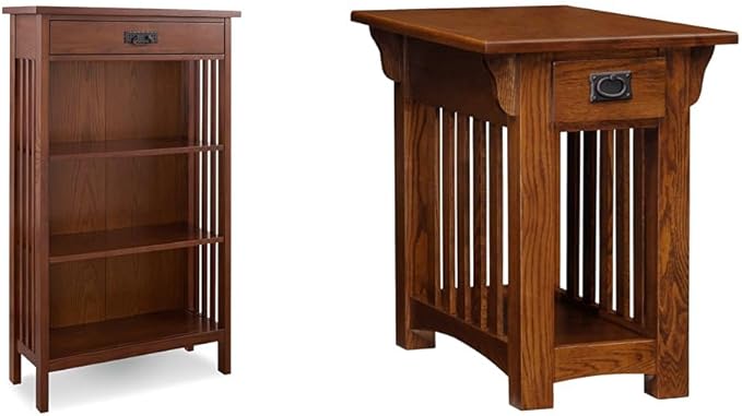 Leick Home 82262 Mission Mantel Height Bookcase with Slatted Sides and Top Drawer, Made with Wood & 8206 Mission Impeccable One Drawer Side Table with Shelf, Furniture, Medium Oak, Russet - LeafyLoom