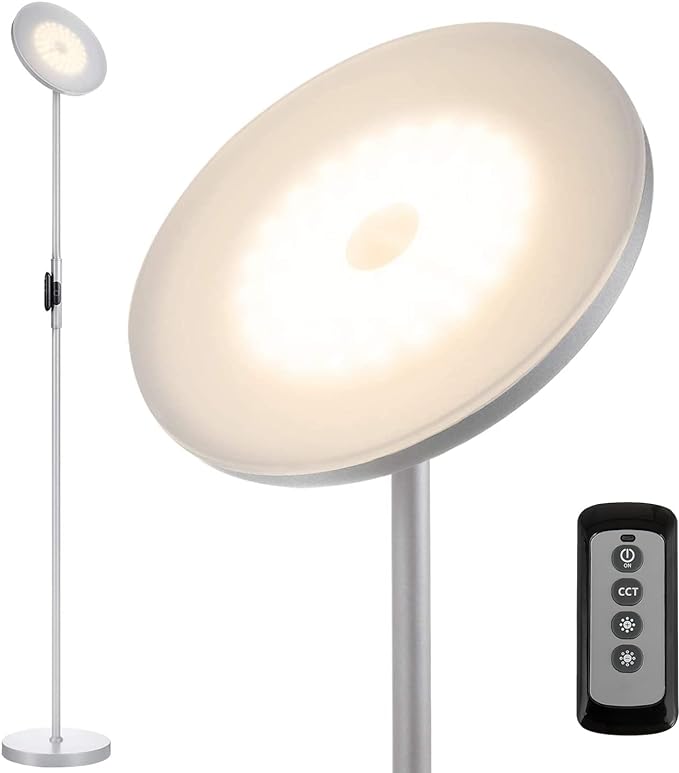 JOOFO Floor Lamp,30W/2400LM Sky LED Modern Torchiere 3 Color Temperatures Super Bright Floor Lamps-Tall Standing Pole Light with Remote & Touch Control for Living Room,Bed Room,Office（Platinum Silver） - LeafyLoom