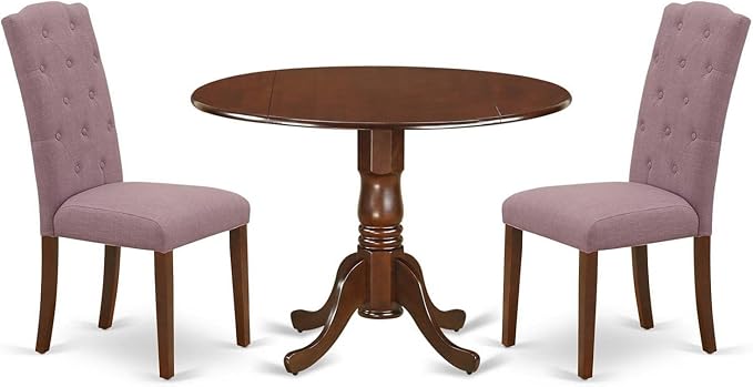 East West Furniture DLCE3-MAH-10 Dublin 3 Piece Dinette Set for Small Spaces Contains a Round Table with Dropleaf and 2 Dahlia Linen Fabric Parsons Dining Chairs, 42x42 Inch, Mahogany - LeafyLoom