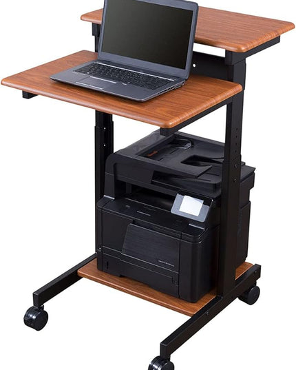 Stand Up Desk Store Rolling Adjustable Height Two Tier Standing Desk Computer Workstation (Black Frame/Teak Top, 24" Wide) - LeafyLoom