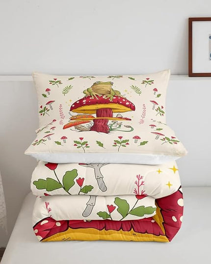 Frog Print Bedding Set Kids Kawaii Decor Comforter Set Frog Mushrooms Comforter Cover Set for Room Decor Botanica Cute Mushroom Decor Beige Red Duvet Set Full Size 3Pcs Quilt Set - LeafyLoom