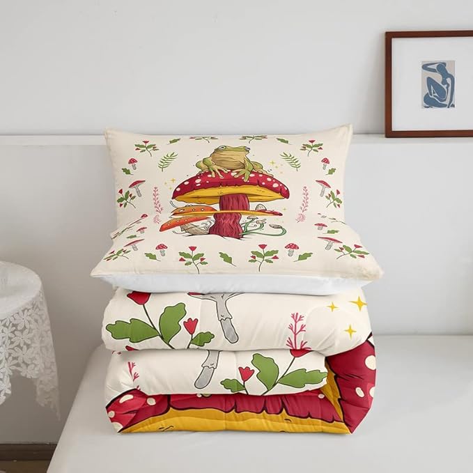 Feelyou Frog Print Bedding Set Kids Kawaii Decor Comforter Set Frog Mushrooms Comforter Cover Set for Room Decor Botanica Cute Mushroom Decor Beige Red Duvet Set Twin Size 2Pcs Quilt Set - LeafyLoom