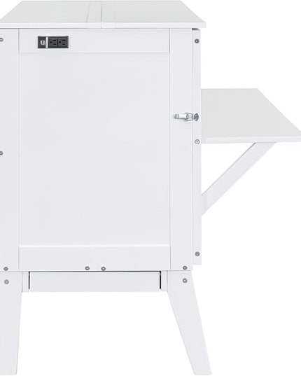 Queen Murphy Bed can be Folded into Low Cabinet with USB Ports, Wooden Platform bedframe with Removable Shelves on Each Side, Space Saving, for Bedroom/Guestroom/Office, White - LeafyLoom