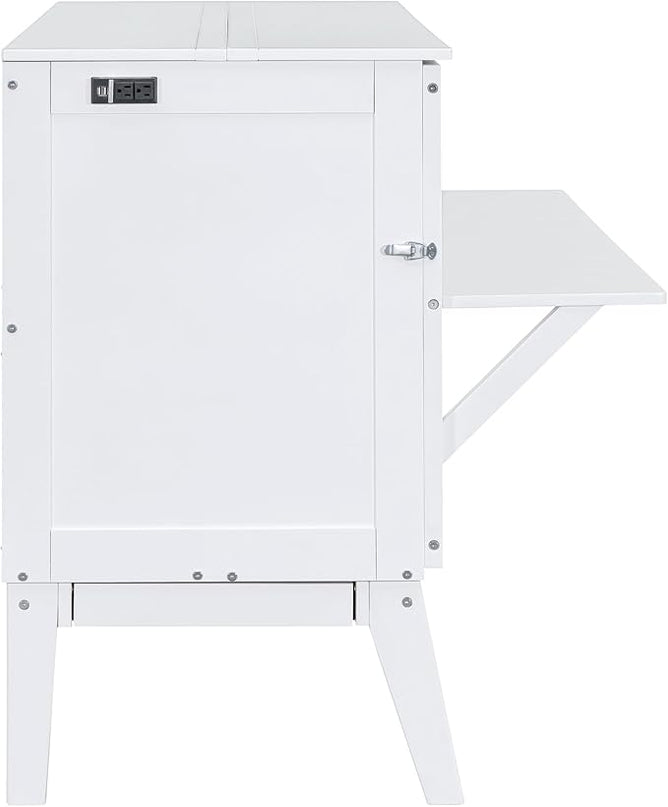 Queen Murphy Bed can be Folded into Low Cabinet with USB Ports, Wooden Platform bedframe with Removable Shelves on Each Side, Space Saving, for Bedroom/Guestroom/Office, White - LeafyLoom