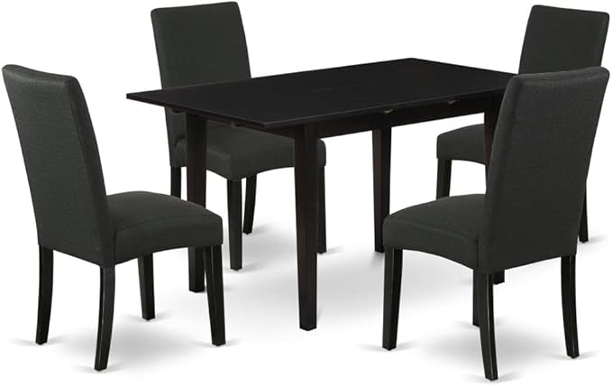 East West Furniture Norfolk 5 Piece Set includes a Rectangle Dining Room Table with Butterfly Leaf and 4 Black Color Linen Fabric Parson Chairs, 32x54 Inch, NODR5-BLK-27 - LeafyLoom