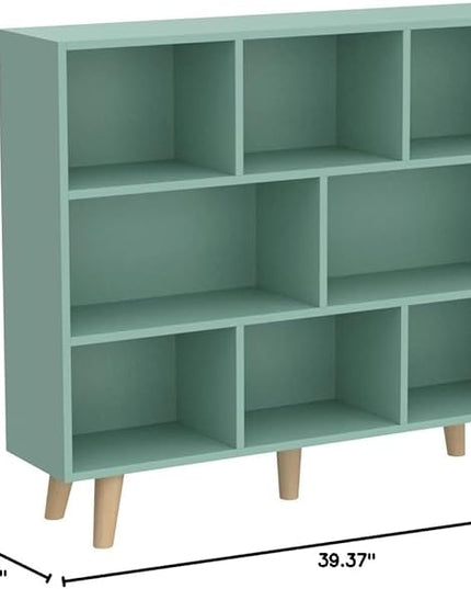 IOTXY Wooden Open Shelf Bookcase - 3-Tier Floor Standing Display Cabinet Rack with Legs, 8 Cubes Bookshelf, Tiffany-Green - LeafyLoom