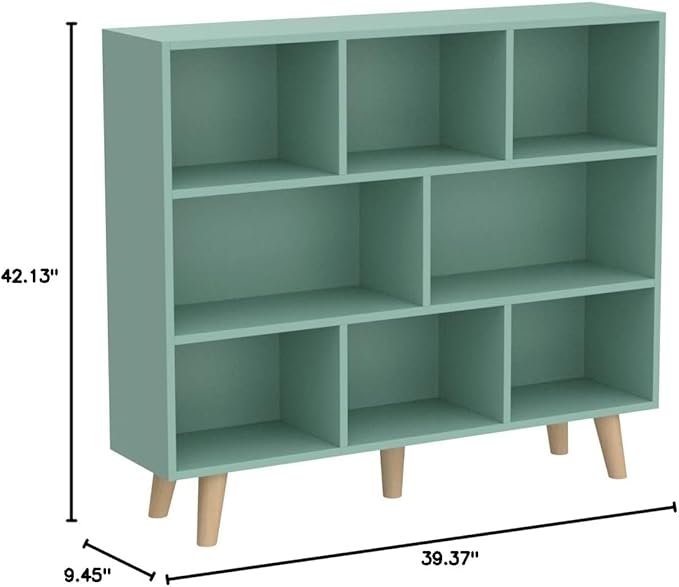 IOTXY Wooden Open Shelf Bookcase - 3-Tier Floor Standing Display Cabinet Rack with Legs, 8 Cubes Bookshelf, Tiffany-Green - LeafyLoom