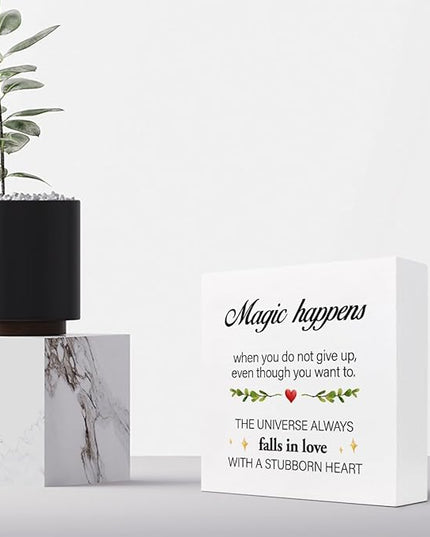 Inspirational Wood Sign,Magic Happens When You Do not Give Up Wood Block Sign Desk Decor,Motivational Sign Wooden Box Plaque Sign for Home College Office Shelf Table Decor Decorations - LeafyLoom