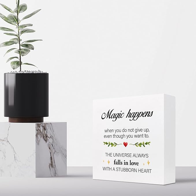 Inspirational Wood Sign,Magic Happens When You Do not Give Up Wood Block Sign Desk Decor,Motivational Sign Wooden Box Plaque Sign for Home College Office Shelf Table Decor Decorations - LeafyLoom