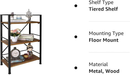 Rustic Bookshelf, 3 Tier Real Wood Bookshelf, Metal Book Shelf for Storage, Black Bookcase, 12.6" D x 23.62" W x 36.61" H - LeafyLoom