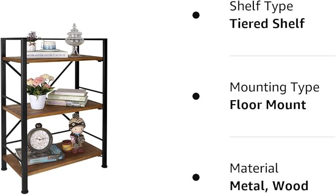 Rustic Bookshelf, 3 Tier Real Wood Bookshelf, Metal Book Shelf for Storage, Black Bookcase, 12.6" D x 23.62" W x 36.61" H - LeafyLoom