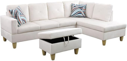 3-Piece L-Shaped Sectional Sofa Set w/Left Chaise and Storage Ottoman-Button Tufted,97" Upholstered Couch for Living Room, Home, Office, 97inch, White-1 - LeafyLoom