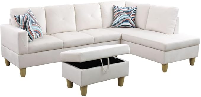3-Piece L-Shaped Sectional Sofa Set w/Left Chaise and Storage Ottoman-Button Tufted,97" Upholstered Couch for Living Room, Home, Office, 97inch, White-1 - LeafyLoom