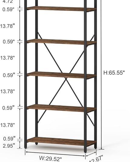 BON AUGURE Industrial Bookshelf, Etagere Bookcases and Book Shelves 5 Tier, Rustic Wood and Metal Shelving Unit (Rustic Oak) - LeafyLoom