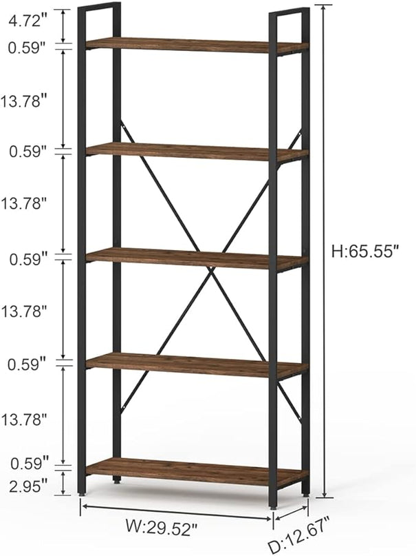 BON AUGURE Industrial Bookshelf, Etagere Bookcases and Book Shelves 5 Tier, Rustic Wood and Metal Shelving Unit (Rustic Oak) - LeafyLoom