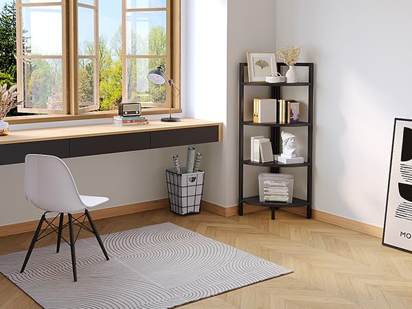 SAYGOER Corner Bookshelf 4 Tier Stand Corner Ladder Shelf Modern Storage Organizer Bookcase Industrial Display Rack Shelves for Small Space, Living Room,Home Kitchen,Office, Black - LeafyLoom