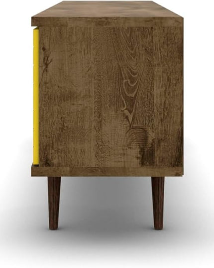 Manhattan Comfort Liberty Mid Century Modern TV Stand for Televisions up to 60 Inches, Bedroom and Living Room Entertainment Center with Storage, Shelves, and Cabinet, 63" Wide, Rustic Brown/Yellow - LeafyLoom