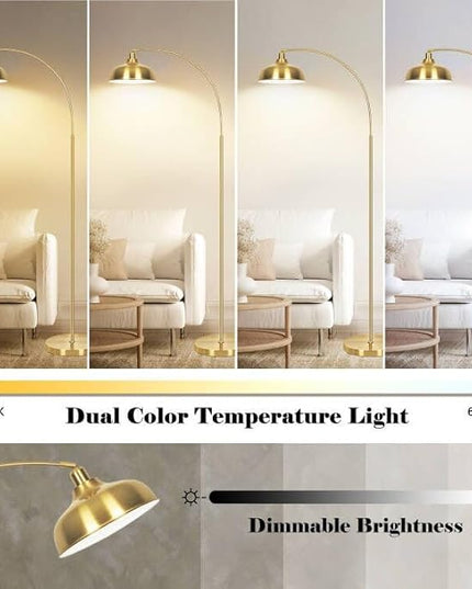Gold Floor Lamps for Living Room- Arc Floor Lamps with 9W Bulb, 360° Adjustable Metal Shade, Remote Control Dimmable Floor Lamp, Over Couch Mid Century Modern Brass Floor Lamp for Bedroom, Office - LeafyLoom