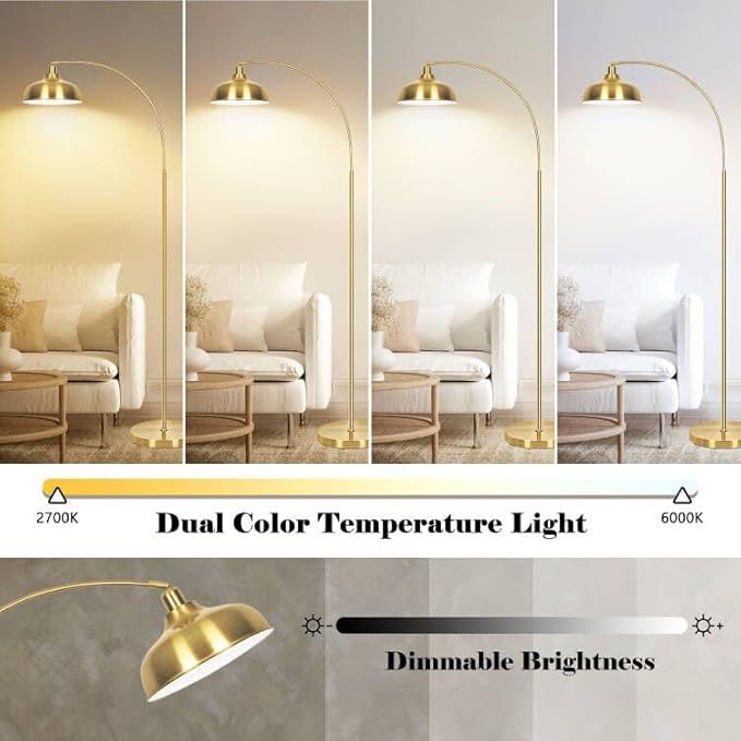 Gold Floor Lamps for Living Room- Arc Floor Lamps with 9W Bulb, 360° Adjustable Metal Shade, Remote Control Dimmable Floor Lamp, Over Couch Mid Century Modern Brass Floor Lamp for Bedroom, Office - LeafyLoom