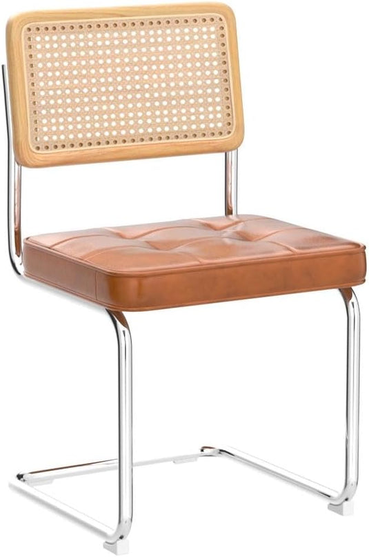 Zesthouse Mid-Century Modern Dining Chairs 4 Pcs, Accent Rattan Kitchen Chairs, Armless Mesh Back Cane Upholstered Leather Chairs with Metal Chrome Legs, Brown - LeafyLoom