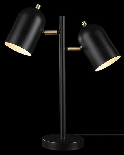Globe Electric 52994 19" 2-Light Desk Lamp, Matte Black, Matte Brass Accents, 2.1A USB Port, On/Off Rotary Switch on Each Shade - LeafyLoom