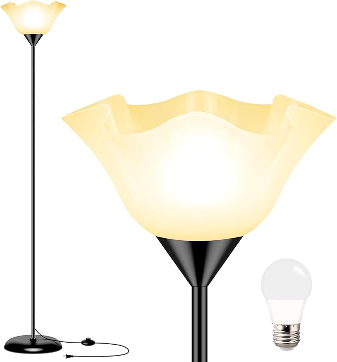 Floor Lamp Led Standing Lamps 74'' Tall Torchiere Floor Lamp with White Plastic Shade Black Modern Stand Lamps for Living Room Bedroom Classroom Dorm Office, E26 Bulb Included - LeafyLoom