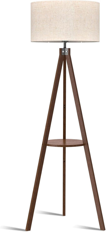 LEPOWER Tripod Floor Lamp, Mid Century Wood Standing Lamp, Modern Design Shelf Floor Lamp for Living Room, Bedroom, Office, Flaxen Lamp Shade with E26 Lamp Base Dark Brown - LeafyLoom
