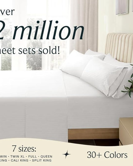 LuxClub 7 PC Split King Size Sheet Set Bed Sheets, Breathable Luxury Bed Sheets, Deep Pockets 18" Wrinkle Free Cooling Bed Sheets Machine Washable Hotel Bedding (Split King, Striped White) - LeafyLoom